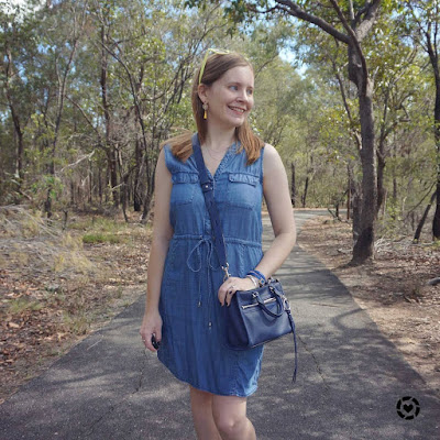 awayfromblue Instagram | chambray dress monochrome outfit with micro bedford bag for spring