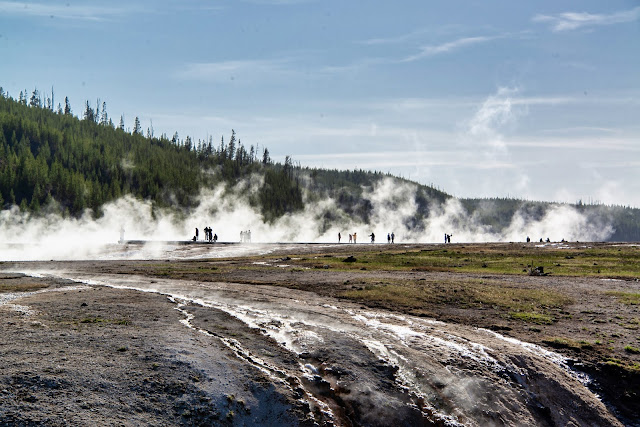 Grand Prismatic Spring Boardwalk and People Dramatic Black and White May 2021 Yellowstone National Park Wyoming USA