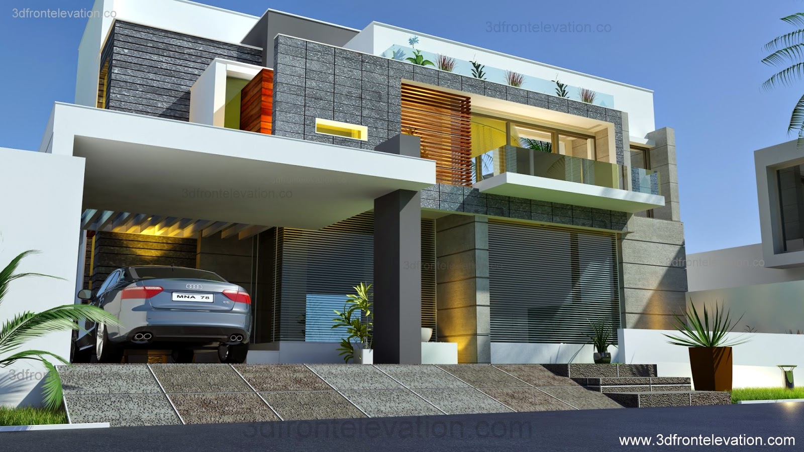 3D Front Elevation  com Beautiful Modern  Contemporary  