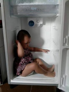 Gambar unik dp bbm dingin anak kecil ngadem di kulkas