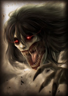 Kuntilanak, female demon (succubus) with red eyes and sharp teeth