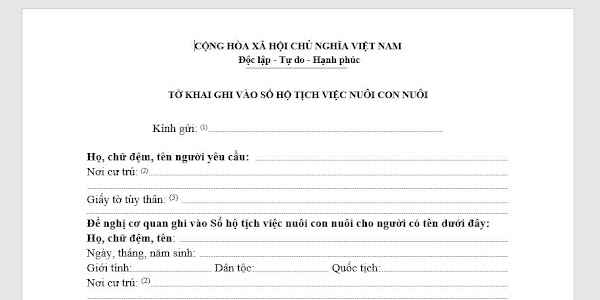 Mẫu tờ khai ghi vào sổ hộ tịch việc nuôi con nuôi
