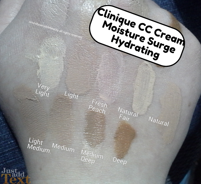 Clinique CC Cream; Moisture Surge, Hydrating Colour (Color)  Corrector SPF 30; Review & Swatches of Shades Very Light, Light, Fresh Peach, Natural, Natural Fair, Light Medium, Medium, Medium Deep, Deep