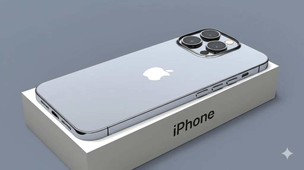 Apple iPhone 15 Pro with a titanium back placed on its official box with 'iPhone' text. The phone's back side is visible, showcasing the triple-lens camera system and Apple logo in a high-quality, realistic render."
