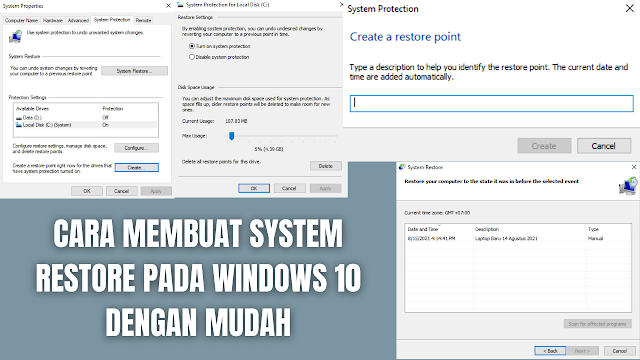 Cara Membuat System Restore Pada Windows 10 Dengan Mudah System Restore adalah sebuah fitur yang telah disediakan oleh Windows untuk memulihkan atau mengembalikan Sistem Windows ke pengaturan sebelumnya. Dengan adanya fitur ini akan membantu para penggunanya untuk mengembalikan keadaan pengaturan pada windows ke keadaan sebelumnya. Namun hal ini bisa berlaku apabila telah menyimpan restore point secara manual.   Maka dari itu sangat disarankan apabila telah membeli laptop baru, komputer baru, mereset, dan menginstal ulang windows untuk membuat system restore point. Agar mempermudah proses perbaikan atau mengembalikan peforma windows ke dalam keadaan seperti baru.  Cara Membuat System Restore Apabila Local Disk (C:)(System) Dalam Keadaan Protection On Untuk membuat system restore point apabila local disk (c:)(system) dalam keadaan protection on, di antaranya adalah : Pada taskbar pencarian windows silahkan tuliskan "Create A Restore Point" Pilih "Local Disk (C:)(System)" Pilih "Create" Pada tab baru, silahkan untuk "Mengisi Nama Dari System Restore" yang ingin disimpan, sebagai contoh "16 Agustus 2021" Tunggu proses sampai selesai Untuk mengecek system restore yang sudah tersimpan silahkan pilih "Kotak Bertuliskan System Restore" lalu pilih "Next" dan akan muncul system restore yang telah tersimpan.    Cara Membuat System Restore Apabila Local Disk (C:)(System) Dalam Keadaan Protection Off Untuk membuat system restore point apabila local disk (c:)(system) dalam keadaan protection on, di antaranya adalah :  Pada taskbar pencarian windows silahkan tuliskan "Create A Restore Point" Pilih "Local Disk (C:)(System)" Pilih "Configure" Pilih "Turn On System Protection", lalu pilih "Apply", dan pilih "Ok" Pilih lagi "Local Disk (C:)(System)" Pilih "Create" Pada tab baru, silahkan untuk "Mengisi Nama Dari System Restore" yang ingin disimpan, sebagai contoh "16 Agustus 2021" Tunggu proses sampai selesai Untuk mengecek system restore yang sudah tersimpan silahkan pilih "Kotak Bertuliskan System Restore" lalu pilih "Next" dan akan muncul system restore yang telah tersimpan.    Nah itu dia bagaimana cara membuat system restore pada windows 10 dengan mudah, melalui bahasan di atas bisa diketahui mengenai langkah di dalam membuat system restore pada windows 10. Mungkin hanya itu yang bisa disampaikan di dalam artikel ini, mohon maaf bila terjadi kesalahan di dalam penulisan, dan terimakasih telah membaca artikel ini."God Bless and Protect Us"