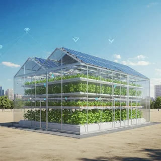 Modern smart greenhouse in an urban setting.