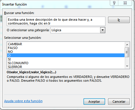 como usar la función O en Excel