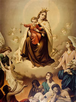 la Virgen con el Niño sentado en sus piernas mostrando el Escapulario y Angeles