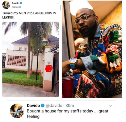 Davido says he just bought a house for his staff