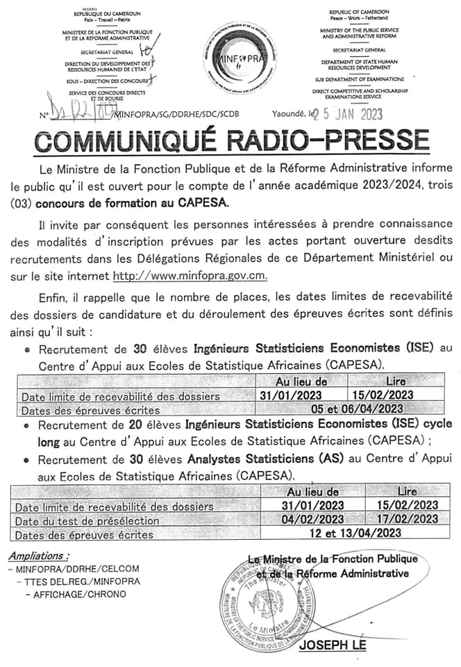 Ministre de la Fonction Publique et de la Réforme Administrative informe le public qu'il est ouvert pour le compte de l'année académique 2023/2024, trois concours de formation au CAPESA