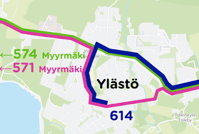 Ylästössä eteläkautta Lehtikummuntien kautta ajaa 571, suoraan läpi Ylästöntietä ajaa 574.