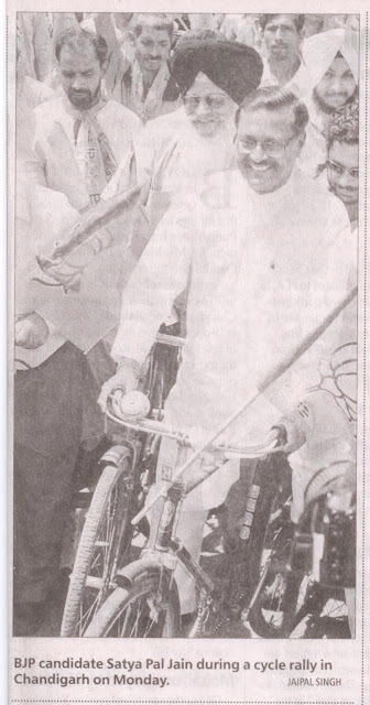 BJP candidate Satya Pal Jain during a cycle rally in Chandigarh on Monday.