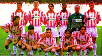 Real SPORTING DE GIJÓN - Gijón, Asturias, España - Temporada 1996-97 - Nikiforov, Sergio, David Cano, Souza, Ablanedo II y Lediakhov; Villarroya, Marcos Vales, Cherishev, Pablo y Luna - 15º clasificado en la Liga de 1ª División en la temporada 1996-97. Benito Floro y Miguel Ángel Montes fueron los entrenadores