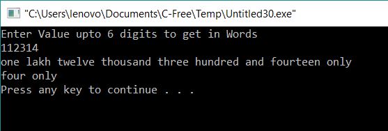 Print Given Money or Value in Words using C