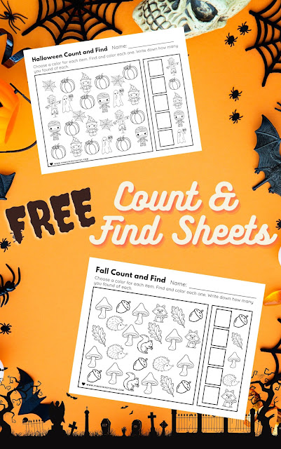 four free fall and Halloween count, color, and find printable math activities for preschool and kindergarten kids