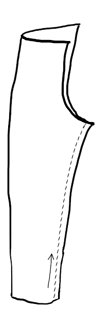 Sketch showing a trouser leg sew, with an arrow indicating to sew from the hem to the crotch point.