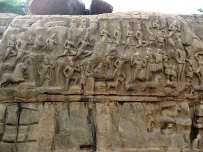 Divine beings watch from the heavens, Arjuna's Penance, Mahabalipuram