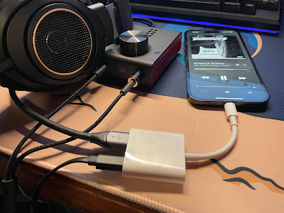 iPhone 14 Pro (iOS 17.3.1) connected to a Schiit Fulla E and Philips SPH9600