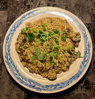 Wild mushroom risotto topped with some fresh pea tendrils