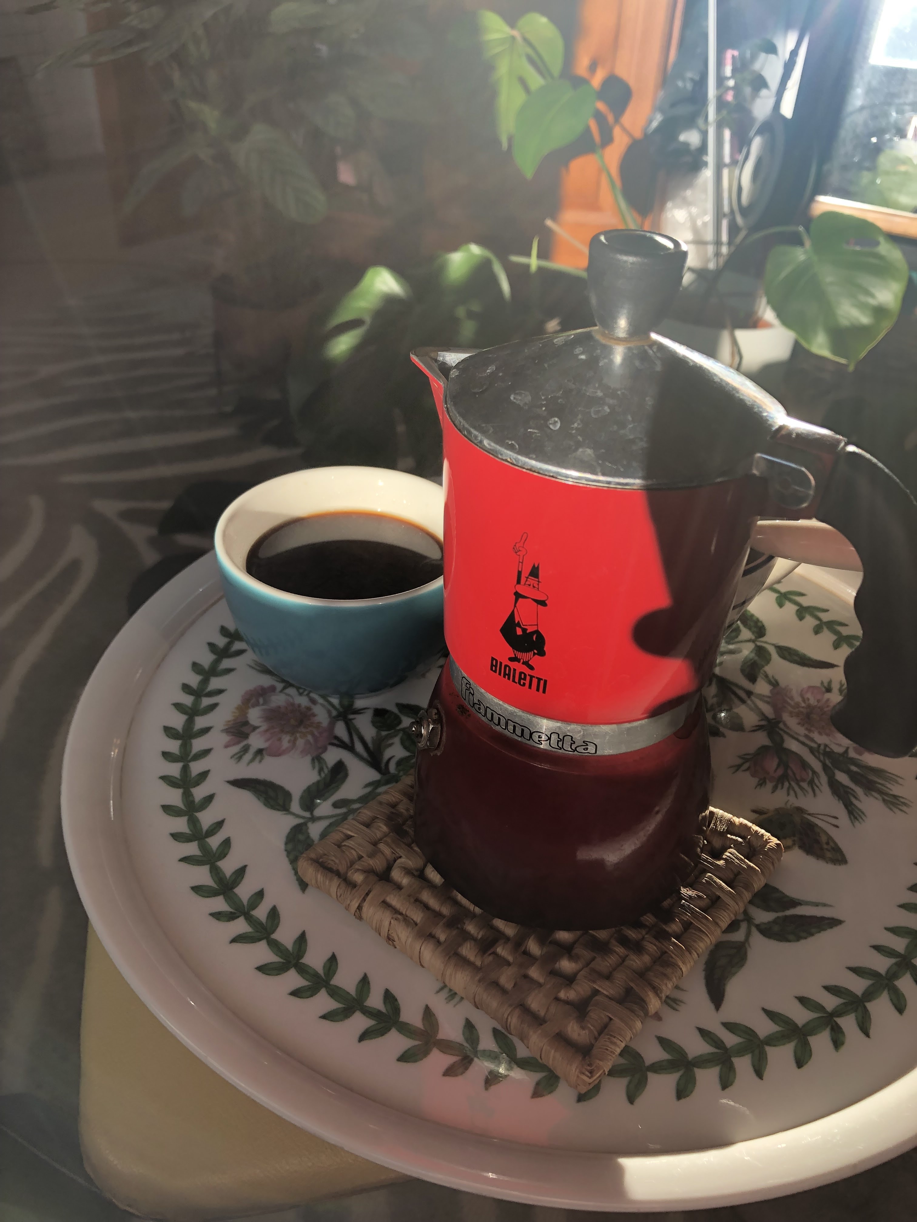 A cup of coffee and a red bialetti moka pot on a tray. The sunlight is hitting them and you can see plants in the background