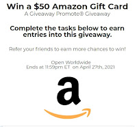 Screenshot from Giveaway Promote - Win a $50 Amazon Gift Card  A Giveaway Promote® Giveaway   Refer your friends to earn more chances to win!  Open Worldwide  Ends at 11:59pm ET  on April 27th, 2021