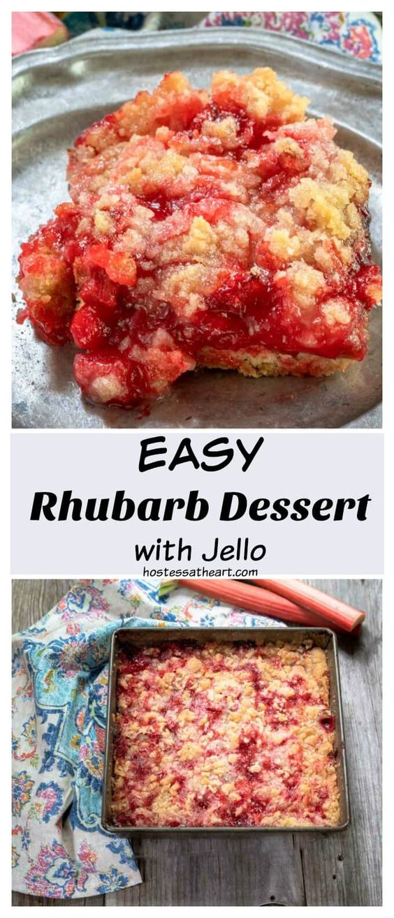 Easy Rhubarb Dessert Recipe with Jello is a family favorite. A luscious bright red rhubarb filling is nestled on a pressed on a crust and topped with a soft buttering crumbled topping. #hostessatheart #rhubarbdessert #easydessert #rhubarb #rhubarbdessert