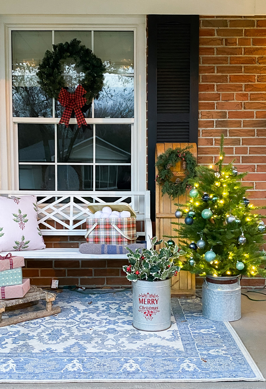 christmas porch decorations with porch trees, outdoor bench, christmas decorations