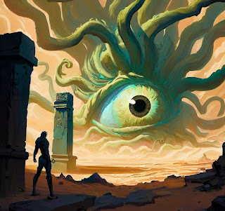 C'thun (from World of Warcraft) visits Raraku (from Malazan Book of the Fallen), manifesting in a ripple of shadows. Icarium (from Malazan Book of the Fallen) is caught peaking around a pillar, instantly obliterated by a lethal eye beam.