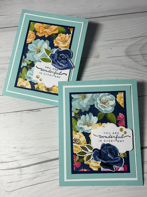 Handmade floral greeting cards using die cut labels and images and prints from the Stampin' Up! Hugs of Happiness Designer Series Paper