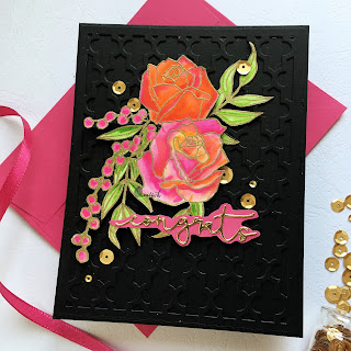 Altenew Rose stamp, Forever in love stamp set,  watercolors with gold embossing, black cardstock cardmaking ideas, quillish,altenew inspiration challenge