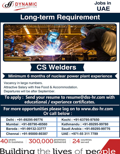 CS Welders Jobs in UAE : Large Number of Vacanices for Long Term Project : DSS HR