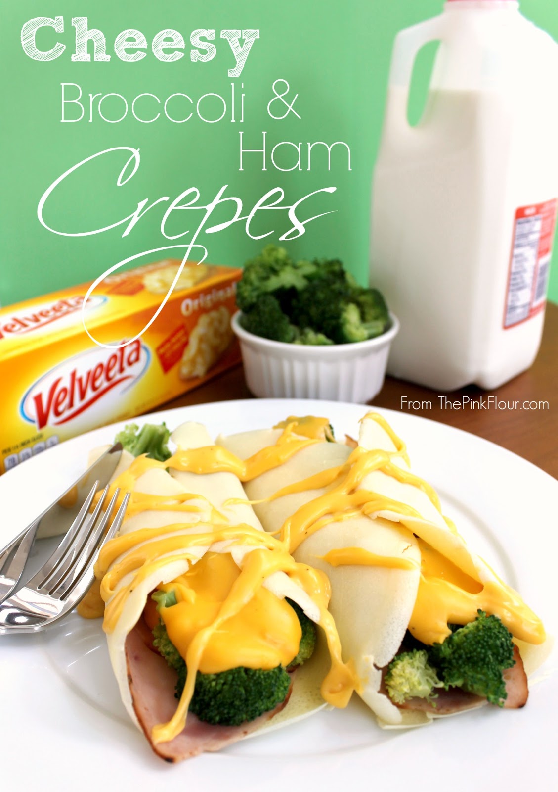 Cheesy Broccoli & Ham Crepes - easy recipe for crepes filled with ham, brocoli & velveeta cheese from www.thepinkflour.com #VelveetaRecipes