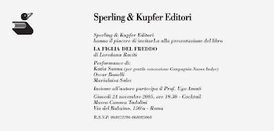 MUSEO CANOVA TADOLINI "LA FIGLIA DEL FREDDO" 24 novembre 2005    Performance di Marialuisa Sales, Oscar Bonelli e Katya Sanna  in occasione della presentazione dell'omonimo romanzo  di Loredana Raciti.  Il classico incontra il contemporaneo nell'inedita cornice dei museo dei gessi del Canova a Roma, in una performance di danza itinerante, che si snoda di sala in sala divenendo parte dell'esposizione stessa.