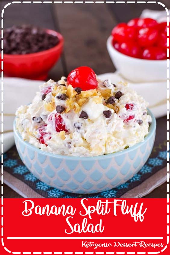 Banana Split Fluff Salad - this creamy ambrosia salad is loaded with all your favorite banana split toppings. Try this easy recipe for picnics and parties. #bananasplit #dessertsalad #fluffsalad #banana #nobake
