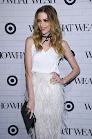 Jaime King in feather skirt over a silk white top paired at the Who What Wear x Target Launch Party red carpet dress