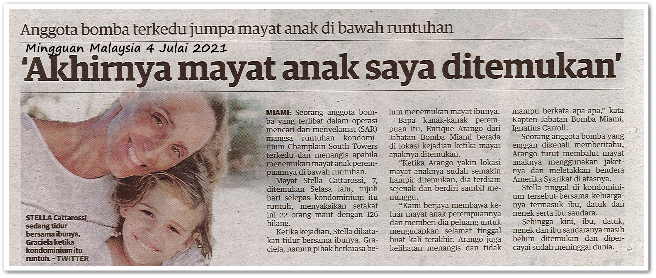 Akhirnya mayat anak saya ditemukan - Keratan akhbar Mingguan Malaysia 4 Julai 2021