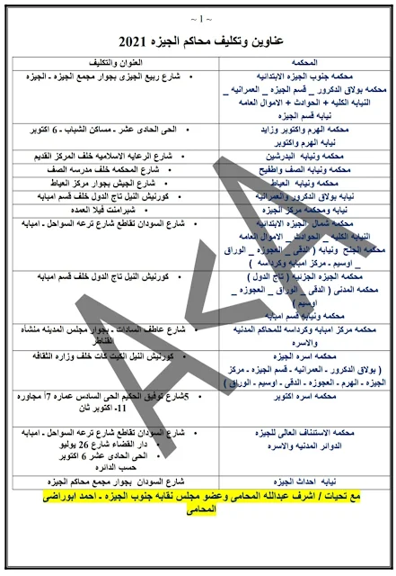 عناوين وتكليف محاكم الجيزه 2021