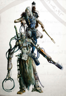 A ratcatcher in blue leather with white hair that goes down to his shoulders. He has a cage attached to his left shoulder containing one of his quarry. He's perched atop a broken down cyborg servitor, its arms replaced with a circular claw and the other a crude flamethrower. The ratcatcher guides his mechanical assistant with a hand on his skull.