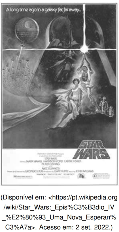 A figura a seguir é um dos cartazes publicitários do filme de ficção Star Wars, dirigido por George Lucas e lançado nos cinemas em 1977.