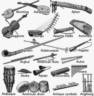 "A" Musical instruments / grayscale illustration