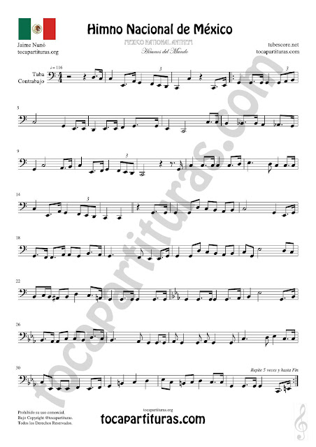 Himno Nacional de México Partitura de Tuba y Contrabajo