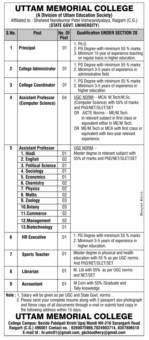 UMC Raigarh Biotech/Botany/Zoology Faculty Jobs 