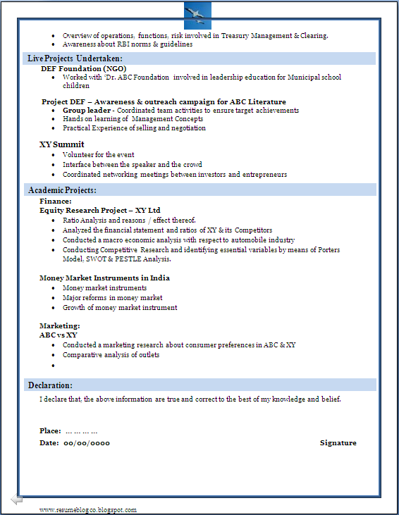 Sample of a Beautiful Resume format of MBA Fresher 