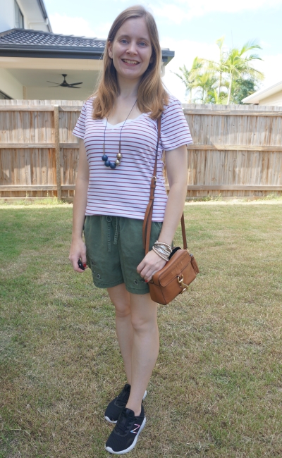 Cotton On The one fitted v tee in eddy stripe white / red terracotta with olive embroidered shorts casual summer outfit | awayfromblue