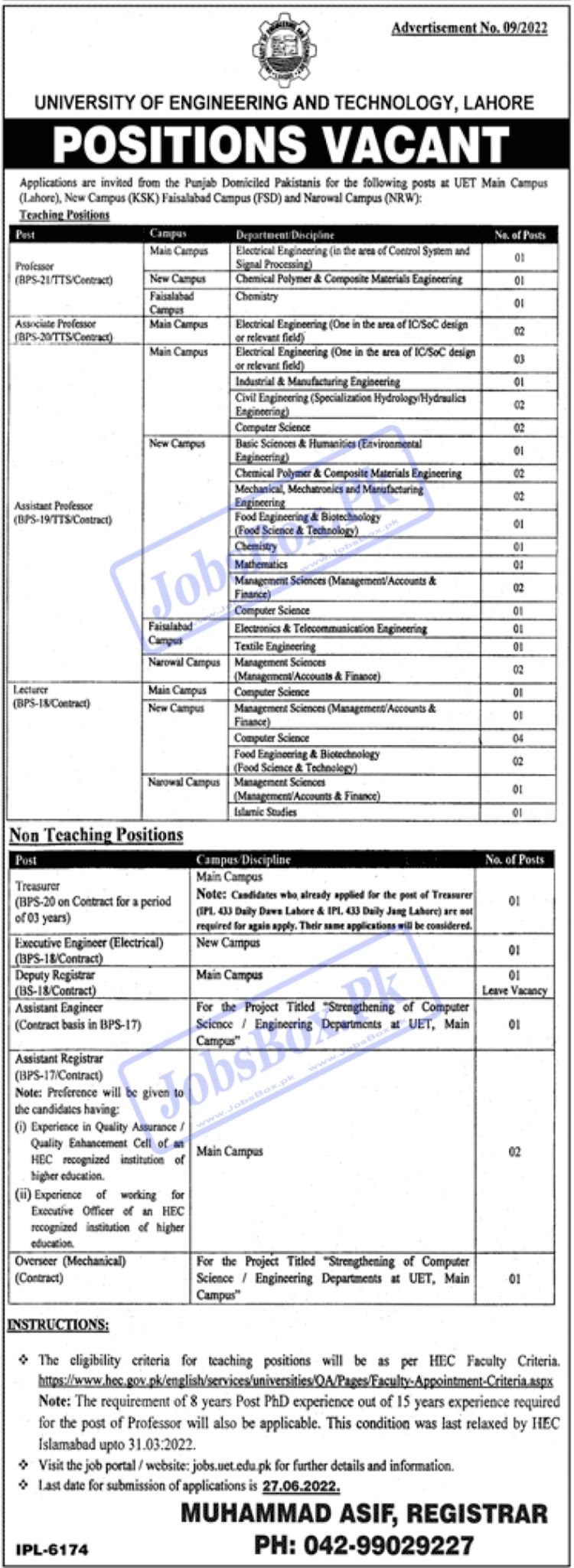 UET Lahore Jobs 2022 - University of Engineering and Technology Lahore Jobs 2022 - www.jobs.uet.edu.pk Online apply