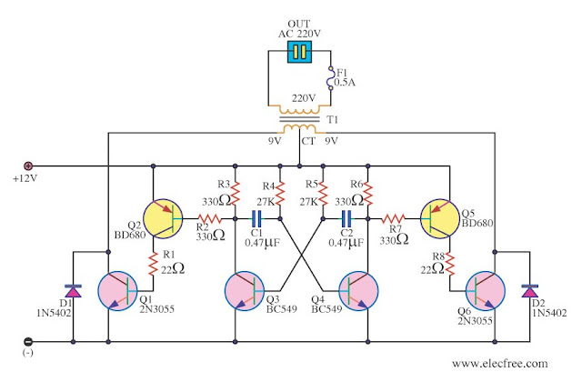 Simple 12V to 220V 180W Inverter Circuit Diagram Using  