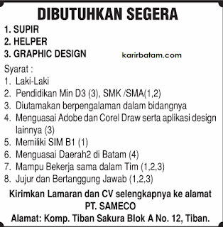 Lowongan Kerja PT. Sameco (Oktober 2017)