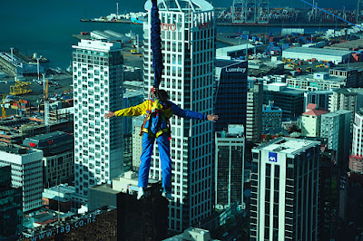 Bungee Jumper paused at Observation Deck, Sky Tower, Auckland, NZ