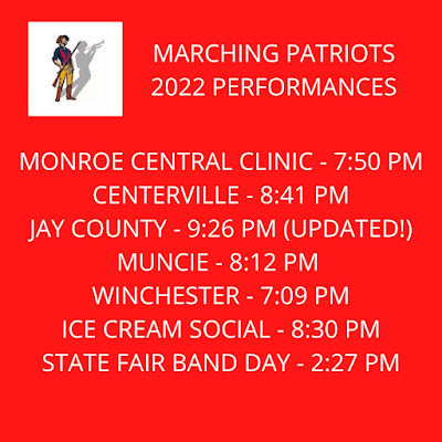 Monroe Central Clinic @ 7:50 PM, Centerville @ 8:41 PM, Jay County @ 9:26 PM, Muncie @ 8:12 PM, Winchester @ 7:09 PM, Ice Cream Social at 8:30 PM, State Fair Band Day @ 2:27 PM