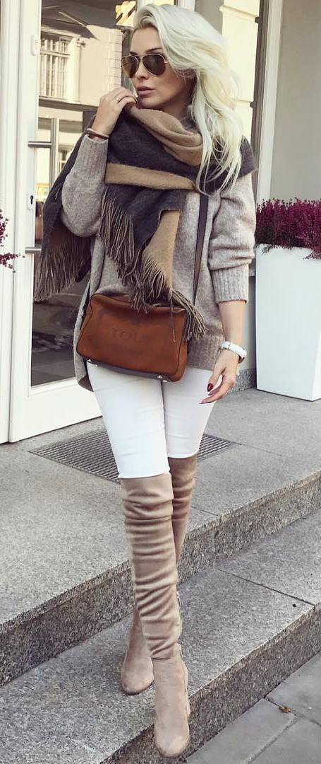 how to wear over knee boots : scarf + bag + nude sweater + white skinnies